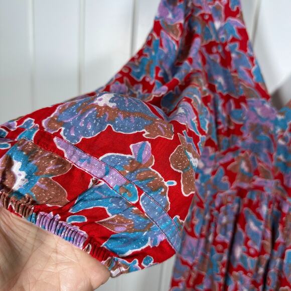 Caroline Constas Dress Large Red Floral Print Cotton Midi V Neck Smock Back - Picture 4 of 11